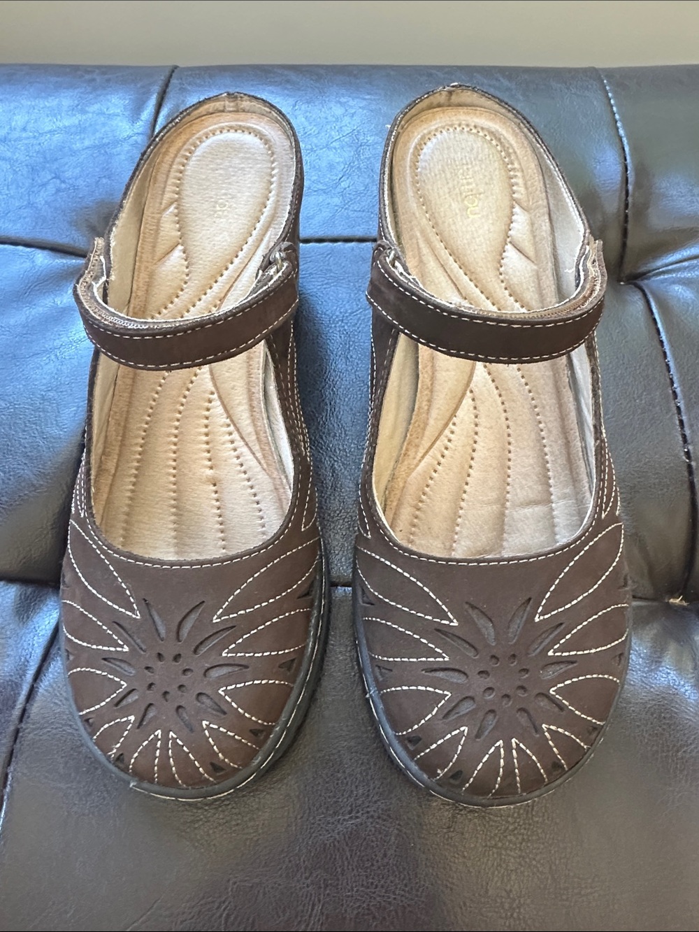 Jambu Brown Mary Jane Mules with Cutout Floral Detail